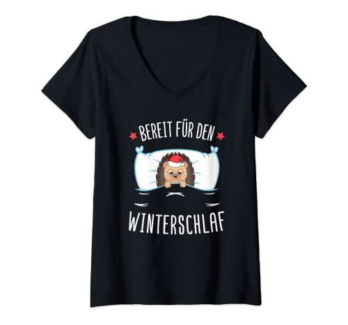 Damen Offizielles Schlafshirt Igel Winterschlaf Nachthemd Motiv T-Shirt mit V-Ausschnitt von Schlafanzug Pyjama Damen Mädchen Frauen Kinder