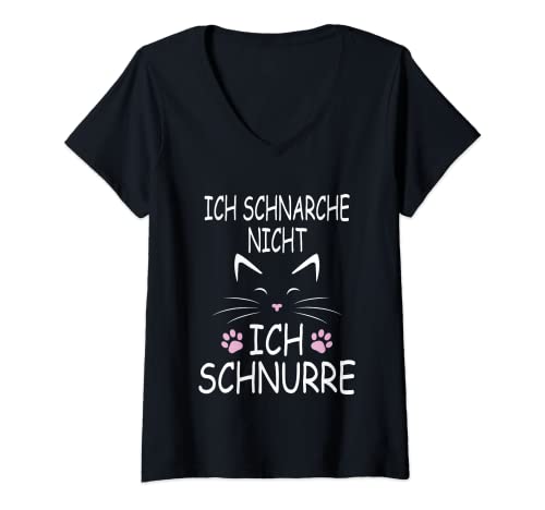 Damen Katze Ich schnarche nicht ich schnurre Offizielles Schlaf - T-Shirt mit V-Ausschnitt von Schlafanzug Pyjama Nachthemd mit Katzenmotiv