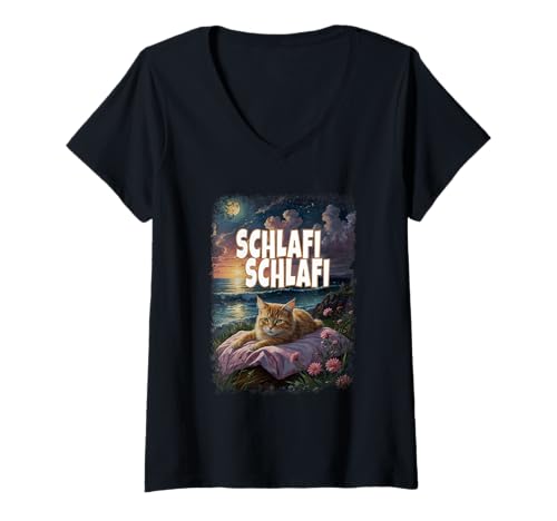 Damen Schlafi Schlafi Lustige Katze Gute Nacht Katzen Kitti Schlaf T-Shirt mit V-Ausschnitt von Schlafanzug Schlafi Lustiges Katzen Pyjama Katze