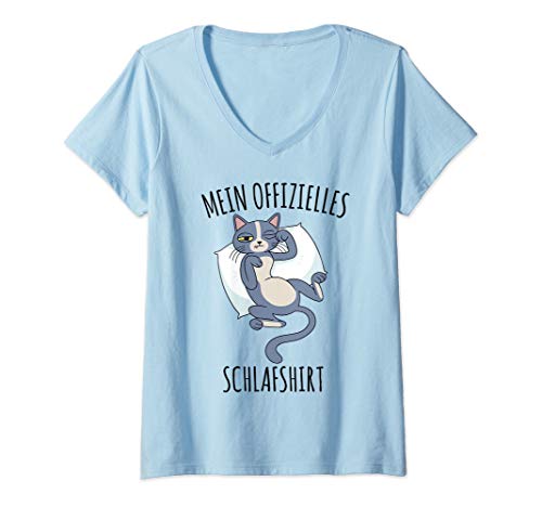 Damen Katze - Mein Offizielles Schlafshirt T-Shirt mit V-Ausschnitt von Schlafen Träumen Entspannen Schlummern