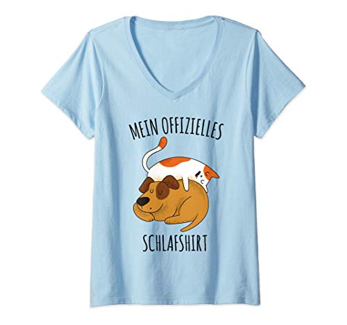 Damen Katze & Hund - Mein Offizielles Schlafshirt T-Shirt mit V-Ausschnitt von Schlafen Träumen Entspannen Schlummern