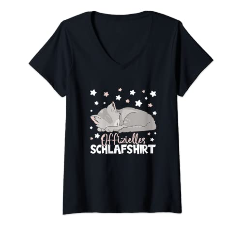 Damen Offizielles Schlafshirt Katze Pyjama Schlafanzug niedlich T-Shirt mit V-Ausschnitt von Schlafende Tiere Geschenke für Damen Herren Kinder