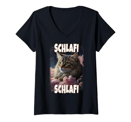 Damen Schlafi Schlafi Lustige Katze Gute Nacht Katzen Kitti Schlaf T-Shirt mit V-Ausschnitt von Schlafi Schlafanzug Lustiges Katzen Pyjama Katze