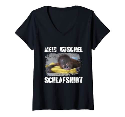 Damen Mein kuschel Schlafshirt Affee baby Orang-Utan T-Shirt mit V-Ausschnitt von Schlafshirt Schlafanzug Pyjama Nachthemd Schläfer