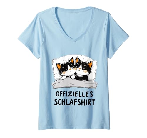 Damen Offizielles Schlaf Katze Schlafanzug Katzen T-Shirt mit V-Ausschnitt von Schlafshirt - Süße Katze Liebhaber Outfit