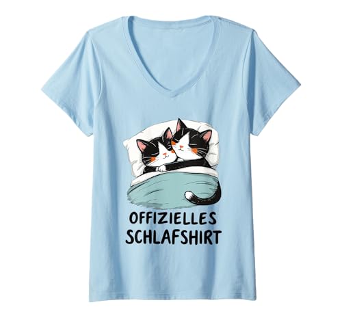 Damen Offizielles Schlaf Katze Schlafanzug Katzen T-Shirt mit V-Ausschnitt von Schlafshirt - Süße Katze Liebhaber Outfit
