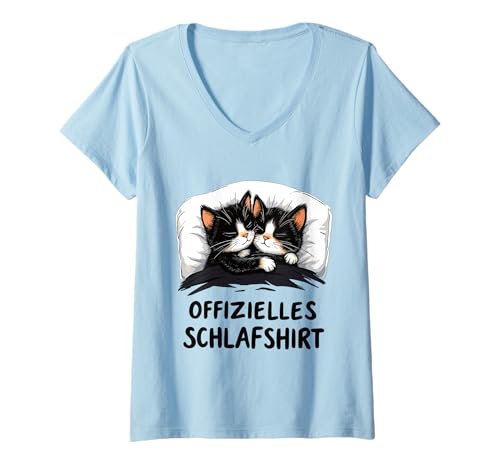 Damen Offizielles Schlaf Katze Schlafanzug Katzen T-Shirt mit V-Ausschnitt von Schlafshirt - Süße Katze Liebhaber Outfit