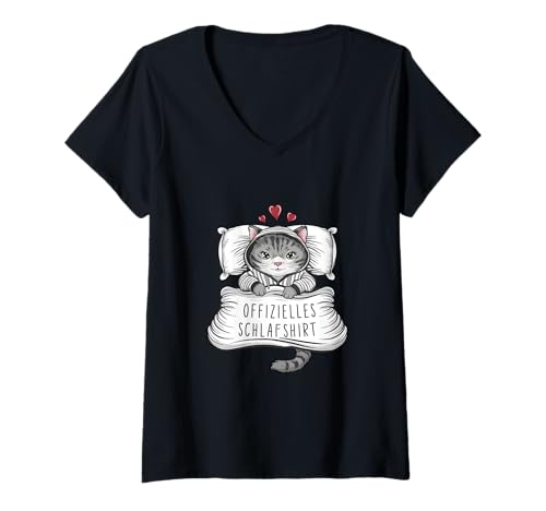 Damen Offizielles Schlafshirt Süße Katze Schlaf T-Shirt mit V-Ausschnitt von Schlafshirt Tierliebhaber Geschenk Geschenkidee