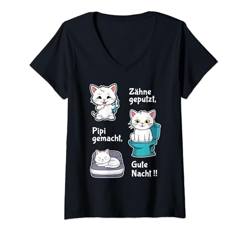 Damen Zähne geputzt Pipi gemacht Gute Nacht Nachthemd Schlafshirt T-Shirt mit V-Ausschnitt von Schlafshirt für Kinder Schlafanzug Sleepshirt
