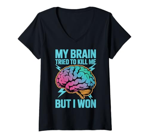 Damen My Brain Tried to Kill Me But I Won T-Shirt mit V-Ausschnitt Damen My Brain Tried to Kill Me But I Won T-Shirt mit V-Ausschnitt von Schlaganfallüberlebender Genesung Gehirngesundheit