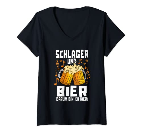 Damen Schlagerparty Schlager und Bier darum bin ich hier T-Shirt mit V-Ausschnitt von Schlagerparty Outfit Kostüm Accessoires