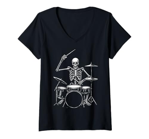 Damen Skelett Schlagzeuger Schlagzeug T-Shirt mit V-Ausschnitt von Schlagzeuger Trommeln Gruselig Musiker Rockband