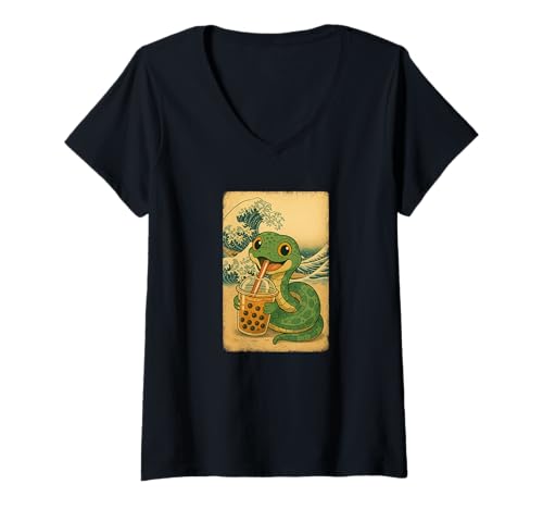 Damen Schlange drinkt Bubble Tea Japanisches Vintage T-Shirt mit V-Ausschnitt Damen Schlange drinkt Bubble Tea Japanisches Vintage T-Shirt mit V-Ausschnitt von Schlange Bubble Tea Retro Kawaii Shop