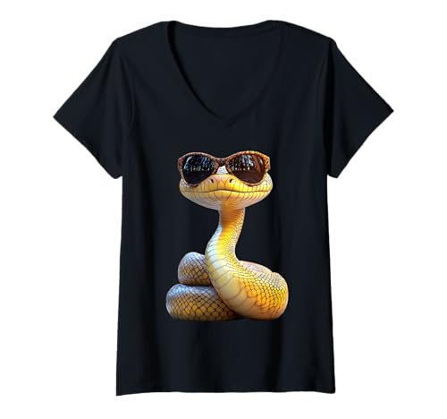 Damen Schlange mit Sonnenbrille Python Kobra Mamba Süße Schlangen T-Shirt mit V-Ausschnitt von Schlangen Liebhaber Motiv & Reptilien Geschenk