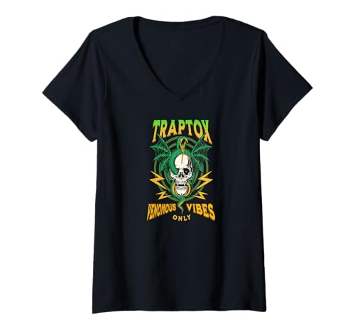 Damen Traptox Venomöse Vibes Totenkopf Schlange Fledermausflügel T-Shirt mit V-Ausschnitt Damen Traptox Venomöse Vibes Totenkopf Schlange Fledermausflügel T-Shirt mit V-Ausschnitt von Schlangen Schädel Elektro Schock Stil