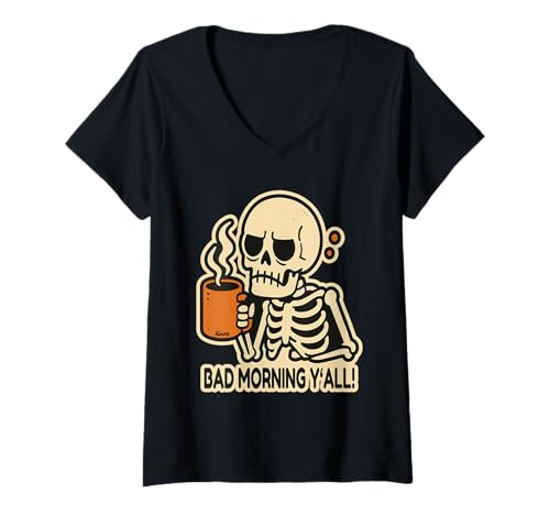 Damen Müdes Totenkopf Skelett mit Kaffee und schlechter Laune T-Shirt mit V-Ausschnitt Damen Müdes Totenkopf Skelett mit Kaffee und schlechter Laune T-Shirt mit V-Ausschnitt von Schlecht Gelaunt Kaffee Skelett Design