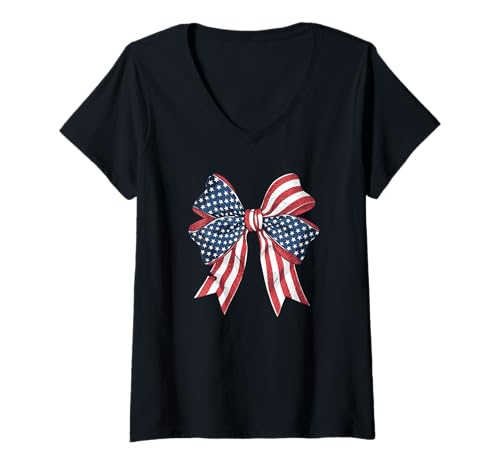 Damen Stilvolle Stars and Stripes Fliege Schleife amerikanisches T-Shirt mit V-Ausschnitt Damen Stilvolle Stars and Stripes Fliege Schleife amerikanisches T-Shirt mit V-Ausschnitt von Schleifen Design im retro look Fasching Karneval