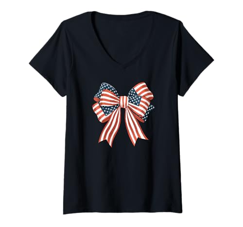 Damen Stilvolle Stars and Stripes Fliege Schleife amerikanisches T-Shirt mit V-Ausschnitt Damen Stilvolle Stars and Stripes Fliege Schleife amerikanisches T-Shirt mit V-Ausschnitt von Schleifen Design im retro look Fasching Karneval