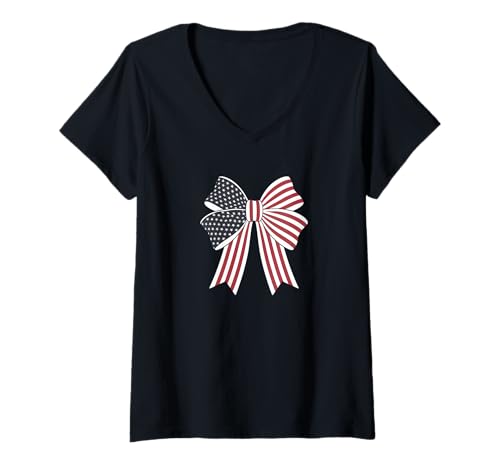 Damen Stilvolle Stars and Stripes Fliege Schleife amerikanisches T-Shirt mit V-Ausschnitt Damen Stilvolle Stars and Stripes Fliege Schleife amerikanisches T-Shirt mit V-Ausschnitt von Schleifen Design im retro look Fasching Karneval