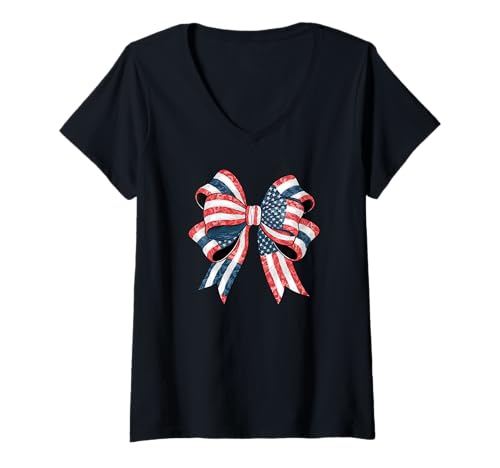 Damen Stilvolle Stars and Stripes Fliege Schleife amerikanisches T-Shirt mit V-Ausschnitt Damen Stilvolle Stars and Stripes Fliege Schleife amerikanisches T-Shirt mit V-Ausschnitt von Schleifen Design im retro look Fasching Karneval