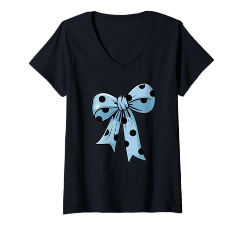 Damen Stilvolle blaue Fliege mit schwarzen Punkten Schleife rotes T-Shirt mit V-Ausschnitt Damen Stilvolle blaue Fliege mit schwarzen Punkten Schleife rotes T-Shirt mit V-Ausschnitt von Schleifen Design im retro look Fasching Karneval