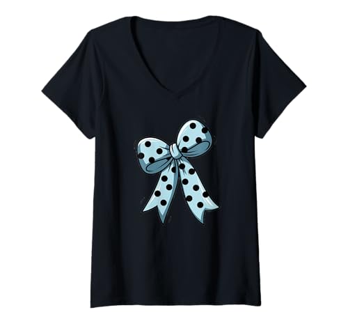Damen Stilvolle blaue Fliege mit schwarzen Punkten Schleife rotes T-Shirt mit V-Ausschnitt von Schleifen Design im retro look Fasching Karneval