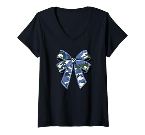 Damen Stilvolle blaue camouflage Fliege tarnfarbene Schleife T-Shirt mit V-Ausschnitt von Schleifen Design im retro look Fasching Karneval