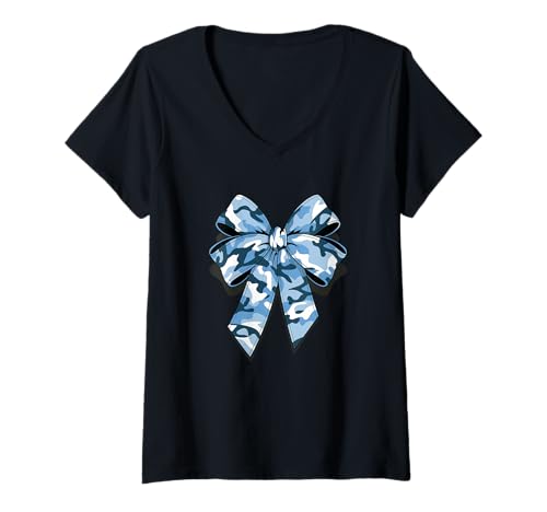 Damen Stilvolle blaue camouflage Fliege tarnfarbene Schleife T-Shirt mit V-Ausschnitt von Schleifen Design im retro look Fasching Karneval