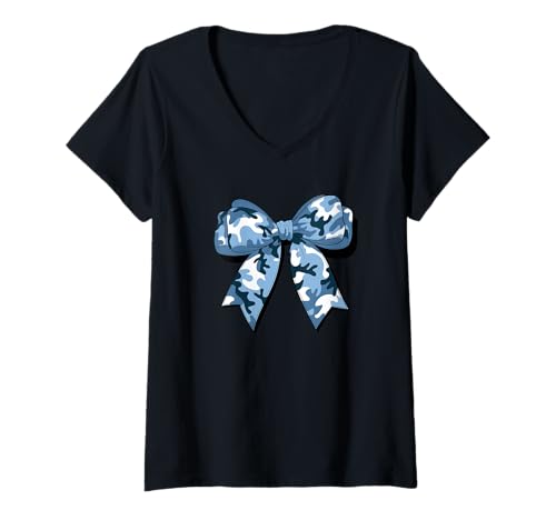 Damen Stilvolle blaue camouflage Fliege tarnfarbene Schleife T-Shirt mit V-Ausschnitt von Schleifen Design im retro look Fasching Karneval