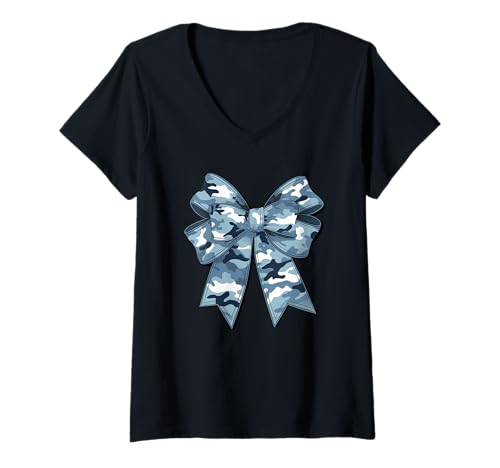 Damen Stilvolle blaue camouflage Fliege tarnfarbene Schleife T-Shirt mit V-Ausschnitt von Schleifen Design im retro look Fasching Karneval