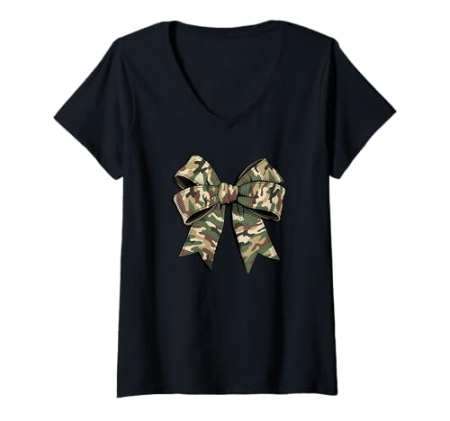 Damen Stilvolle camouflage Fliege tarnfarbene Schleife rotes T-Shirt mit V-Ausschnitt von Schleifen Design im retro look Fasching Karneval