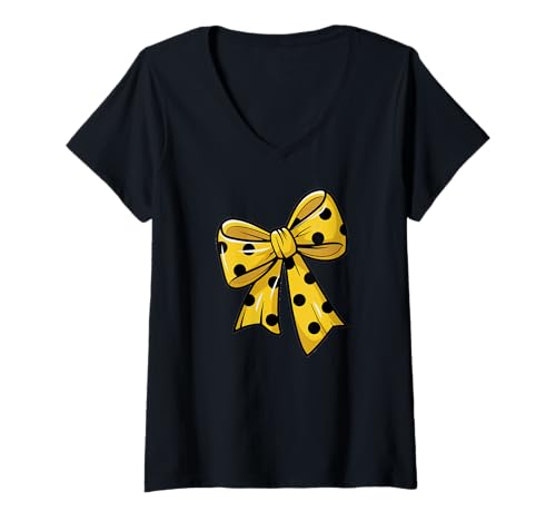 Damen Stilvolle gelbe Fliege mit schwarzen Punkten Schleife T-Shirt mit V-Ausschnitt von Schleifen Design im retro look Fasching Karneval