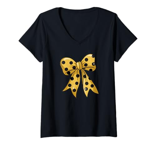 Damen Stilvolle gelbe Fliege mit schwarzen Punkten Schleife T-Shirt mit V-Ausschnitt Damen Stilvolle gelbe Fliege mit schwarzen Punkten Schleife T-Shirt mit V-Ausschnitt von Schleifen Design im retro look Fasching Karneval