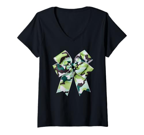 Damen Stilvolle grüne camouflage Fliege tarnfarbene Schleife T-Shirt mit V-Ausschnitt von Schleifen Design im retro look Fasching Karneval