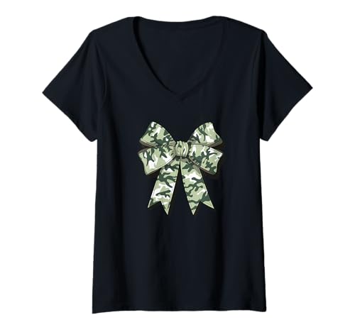 Damen Stilvolle grüne camouflage Fliege tarnfarbene Schleife T-Shirt mit V-Ausschnitt von Schleifen Design im retro look Fasching Karneval