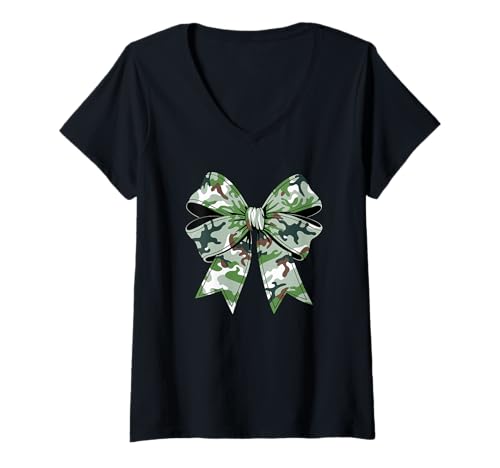 Damen Stilvolle grüne camouflage Fliege tarnfarbene Schleife T-Shirt mit V-Ausschnitt von Schleifen Design im retro look Fasching Karneval