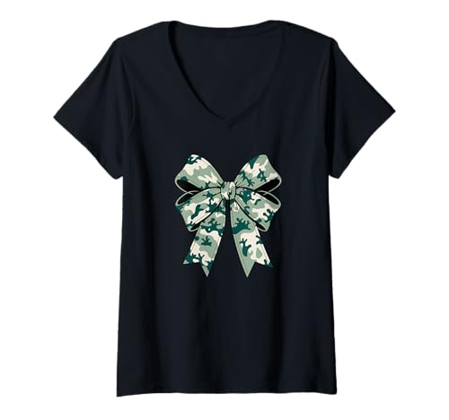 Damen Stilvolle grüne camouflage Fliege tarnfarbene Schleife T-Shirt mit V-Ausschnitt von Schleifen Design im retro look Fasching Karneval