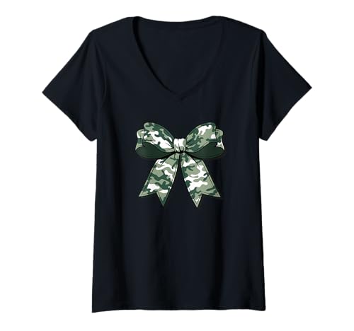 Damen Stilvolle grüne camouflage Fliege tarnfarbene Schleife T-Shirt mit V-Ausschnitt von Schleifen Design im retro look Fasching Karneval