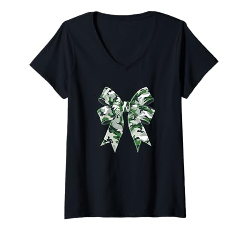 Damen Stilvolle grüne camouflage Fliege tarnfarbene Schleife T-Shirt mit V-Ausschnitt von Schleifen Design im retro look Fasching Karneval