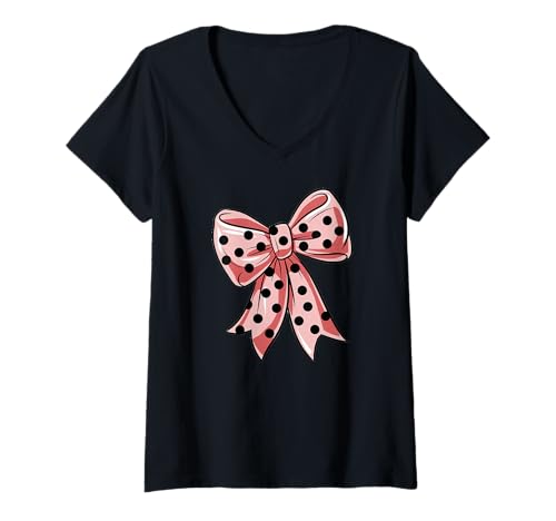 Damen Stilvolle pinke Fliege mit schwarzen Punkten Schleife pink T-Shirt mit V-Ausschnitt von Schleifen Design im retro look Fasching Karneval