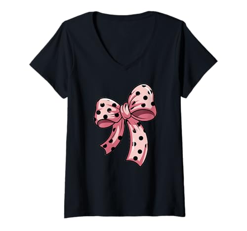 Damen Stilvolle pinke Fliege mit schwarzen Punkten Schleife pink T-Shirt mit V-Ausschnitt von Schleifen Design im retro look Fasching Karneval