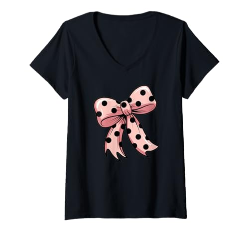 Damen Stilvolle pinke Fliege mit schwarzen Punkten Schleife pink T-Shirt mit V-Ausschnitt von Schleifen Design im retro look Fasching Karneval