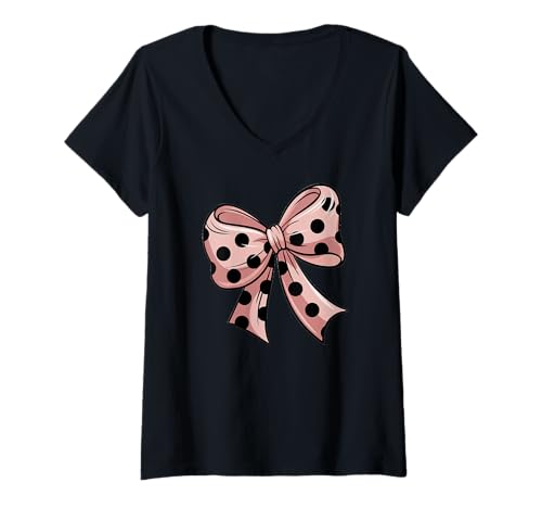 Damen Stilvolle pinke Fliege mit schwarzen Punkten Schleife pink T-Shirt mit V-Ausschnitt von Schleifen Design im retro look Fasching Karneval