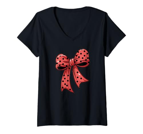 Damen Stilvolle rote Fliege mit schwarzen Punkten Schleife T-Shirt mit V-Ausschnitt Damen Stilvolle rote Fliege mit schwarzen Punkten Schleife T-Shirt mit V-Ausschnitt von Schleifen Design im retro look Fasching Karneval
