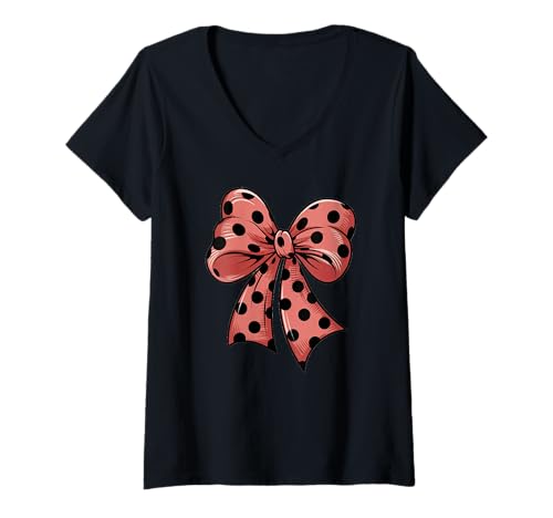 Damen Stilvolle rote Fliege mit schwarzen Punkten Schleife T-Shirt mit V-Ausschnitt Damen Stilvolle rote Fliege mit schwarzen Punkten Schleife T-Shirt mit V-Ausschnitt von Schleifen Design im retro look Fasching Karneval