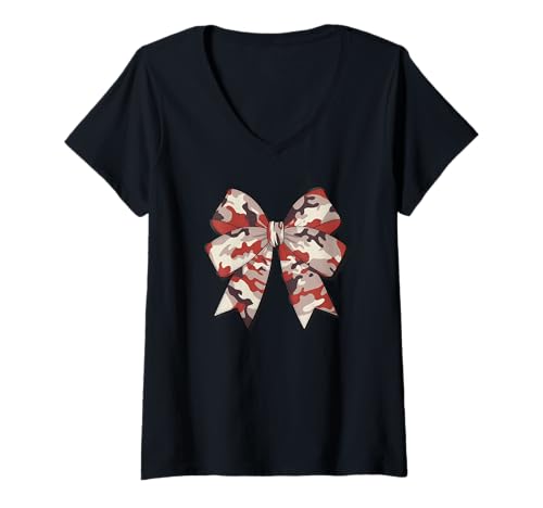 Damen Stilvolle rote camouflage Fliege tarnfarbene Schleife rotes T-Shirt mit V-Ausschnitt von Schleifen Design im retro look Fasching Karneval