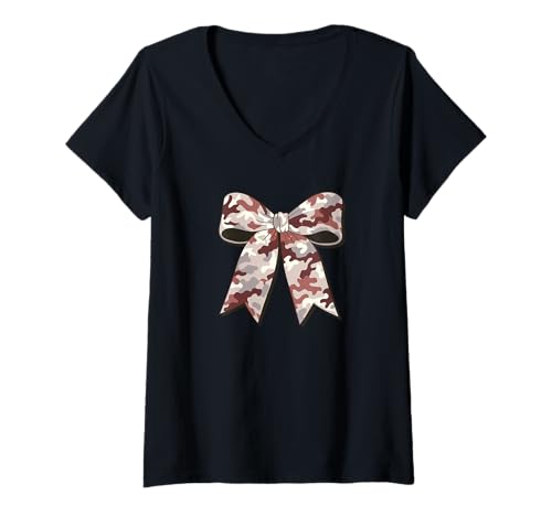 Damen Stilvolle rote camouflage Fliege tarnfarbene Schleife rotes T-Shirt mit V-Ausschnitt von Schleifen Design im retro look Fasching Karneval