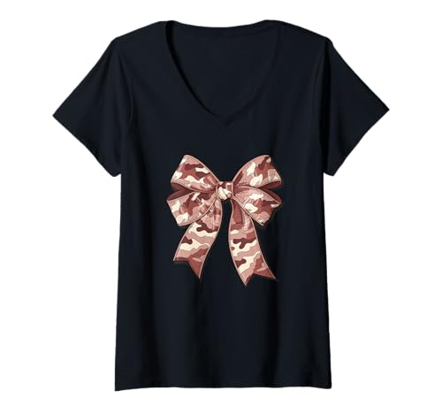 Damen Stilvolle rote camouflage Fliege tarnfarbene Schleife rotes T-Shirt mit V-Ausschnitt von Schleifen Design im retro look Fasching Karneval