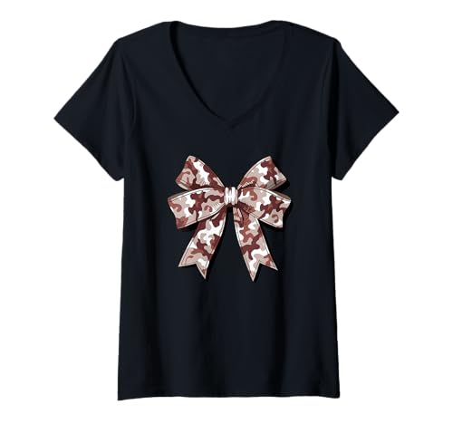 Damen Stilvolle rote camouflage Fliege tarnfarbene Schleife rotes T-Shirt mit V-Ausschnitt von Schleifen Design im retro look Fasching Karneval