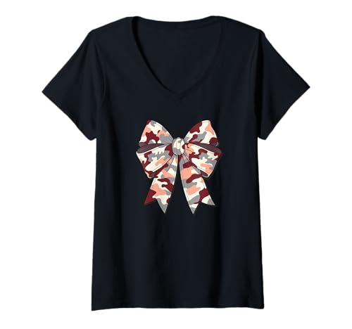 Damen Stilvolle rote camouflage Fliege tarnfarbene Schleife rotes T-Shirt mit V-Ausschnitt von Schleifen Design im retro look Fasching Karneval